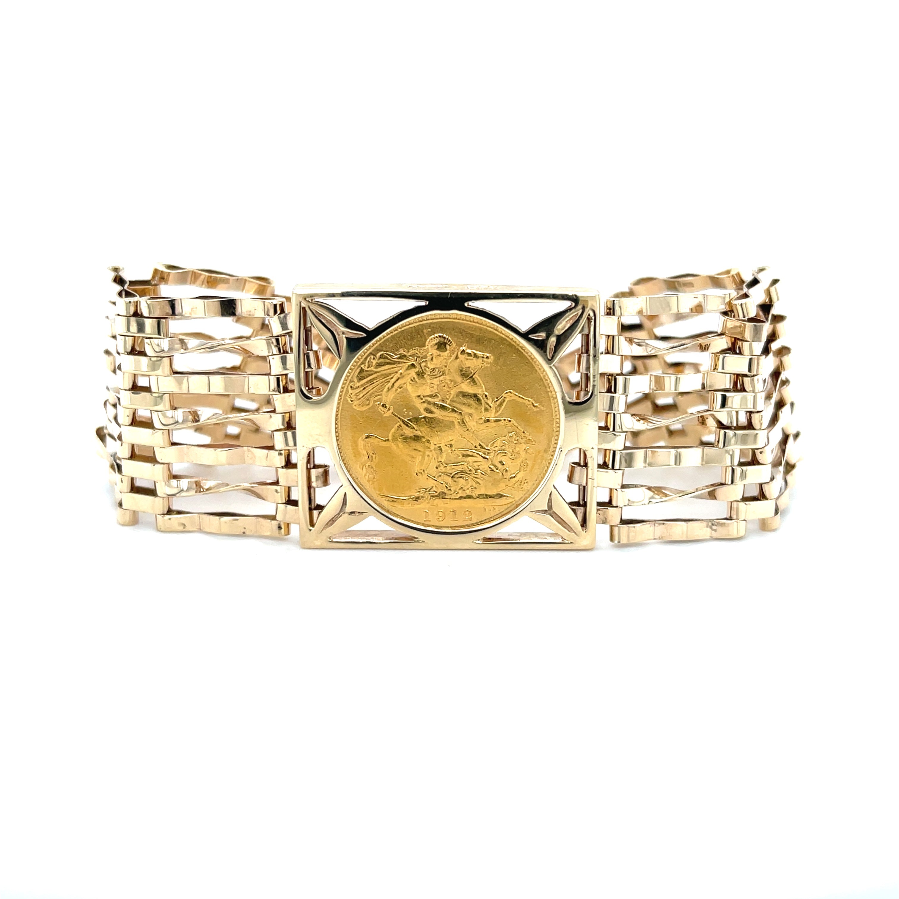 1912 George V Full Sovereign 7 Inch  9ct Yellow Gold Gate Bracelet