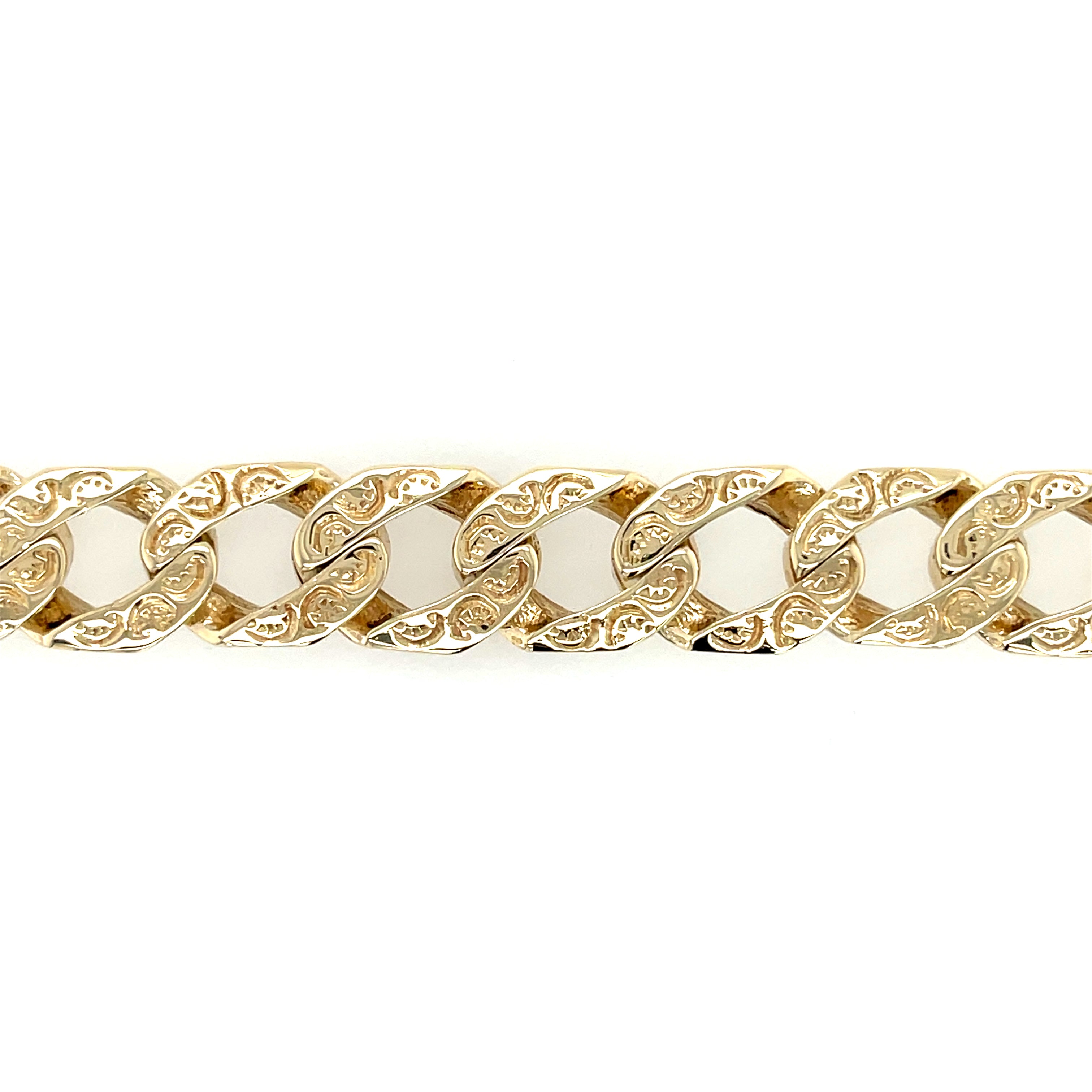 9ct Yellow Gold 8 Inch Patterned & Bark Effect Curb Bracelet - 31.80g