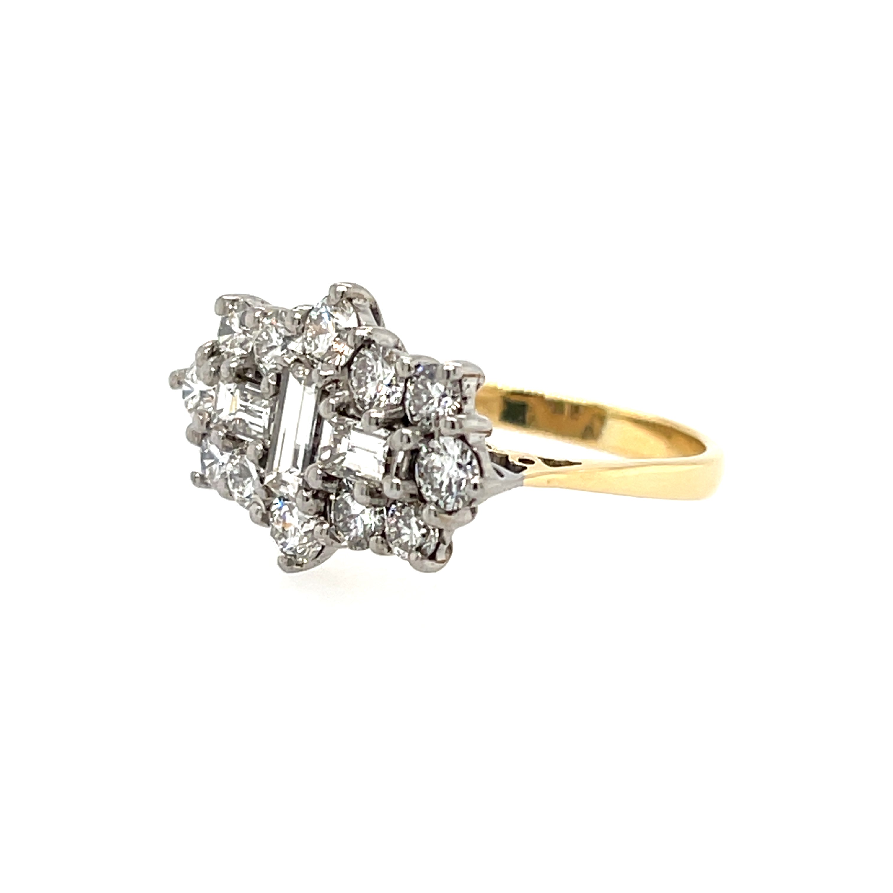 14ct Yellow Gold 2.00ct Brilliant & Baguette Cut  Diamond Boat Cluster Ring