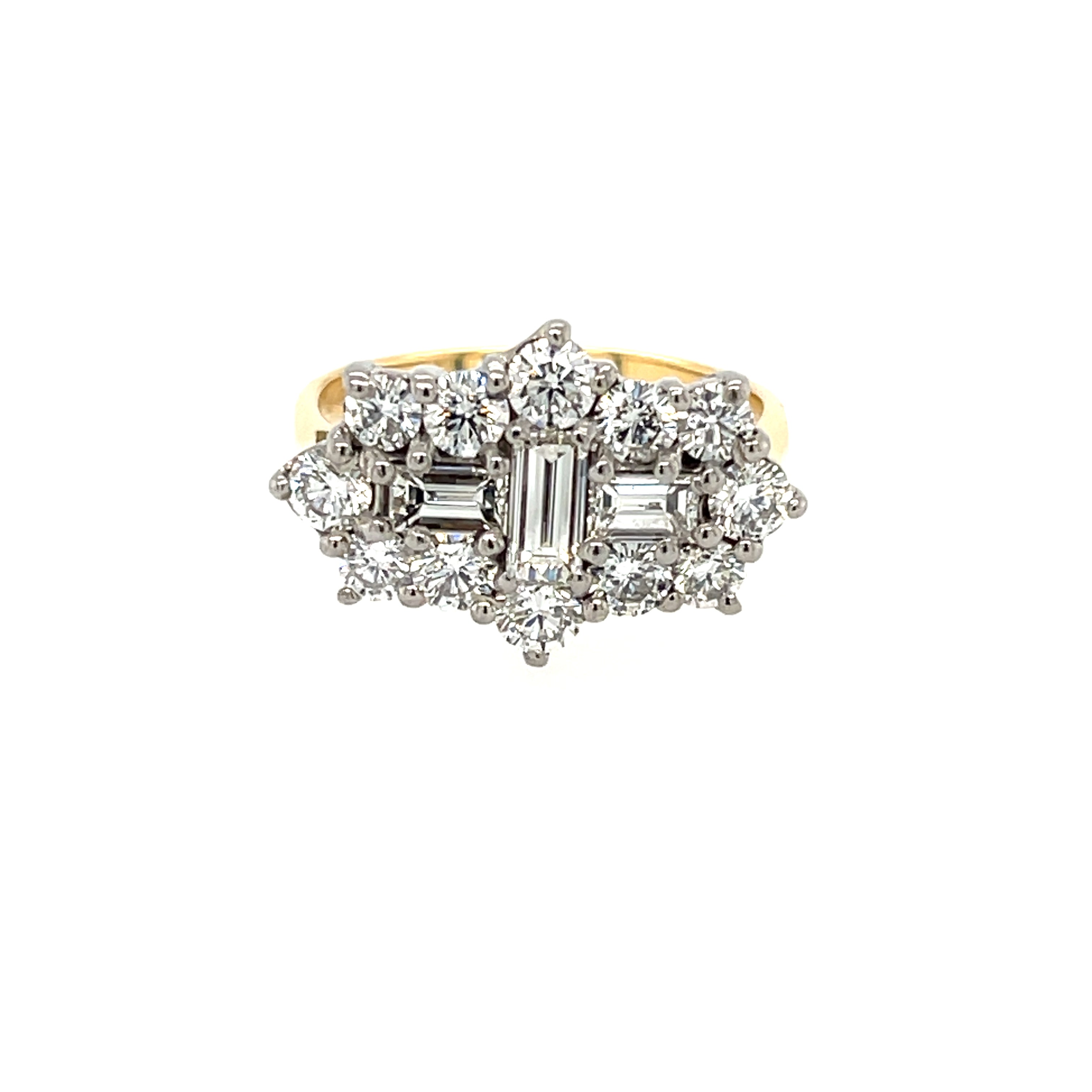 14ct Yellow Gold 2.00ct Brilliant & Baguette Cut  Diamond Boat Cluster Ring