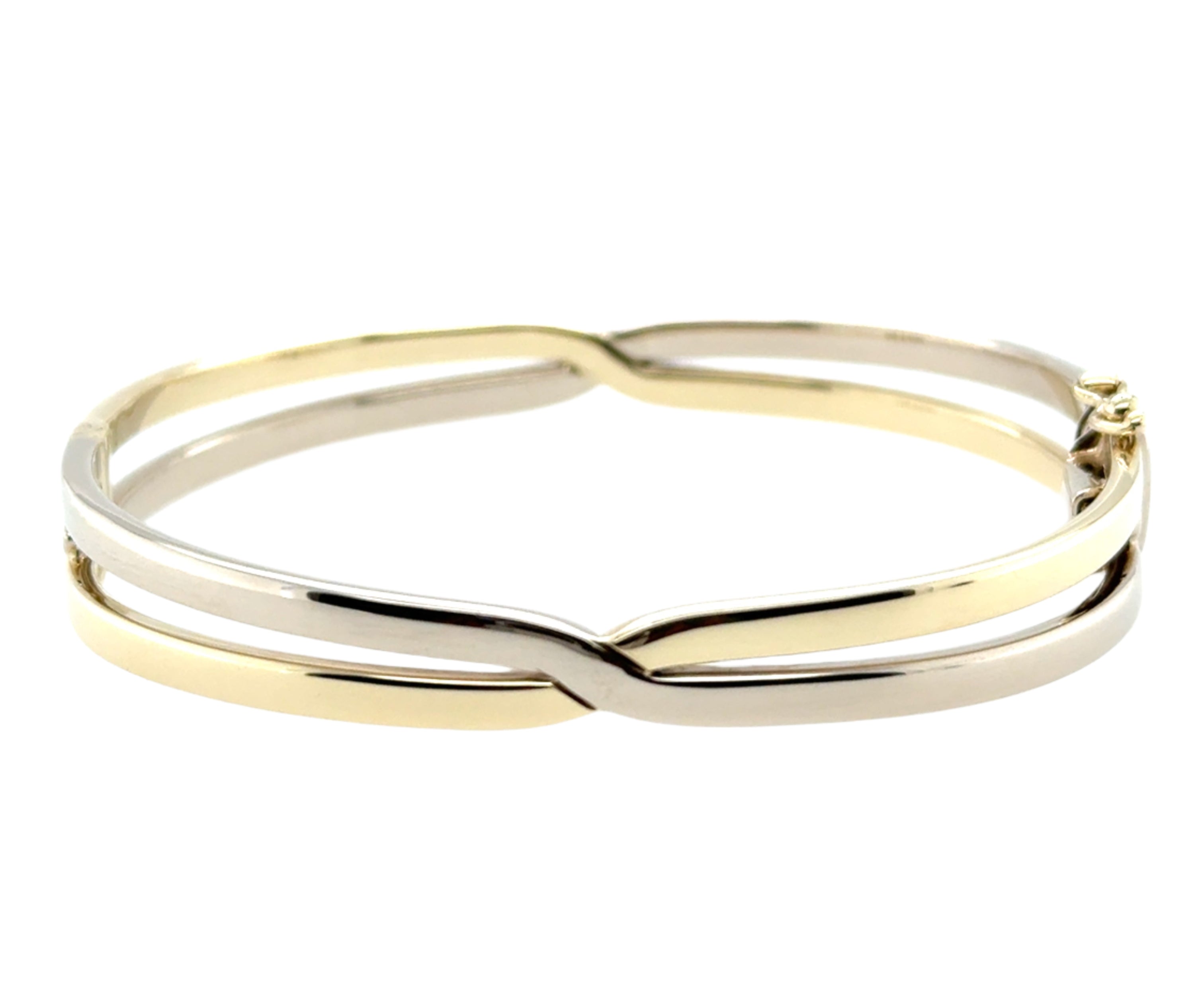 9ct Yellow & White Gold Crossover Hinged Bangle - 13.02g