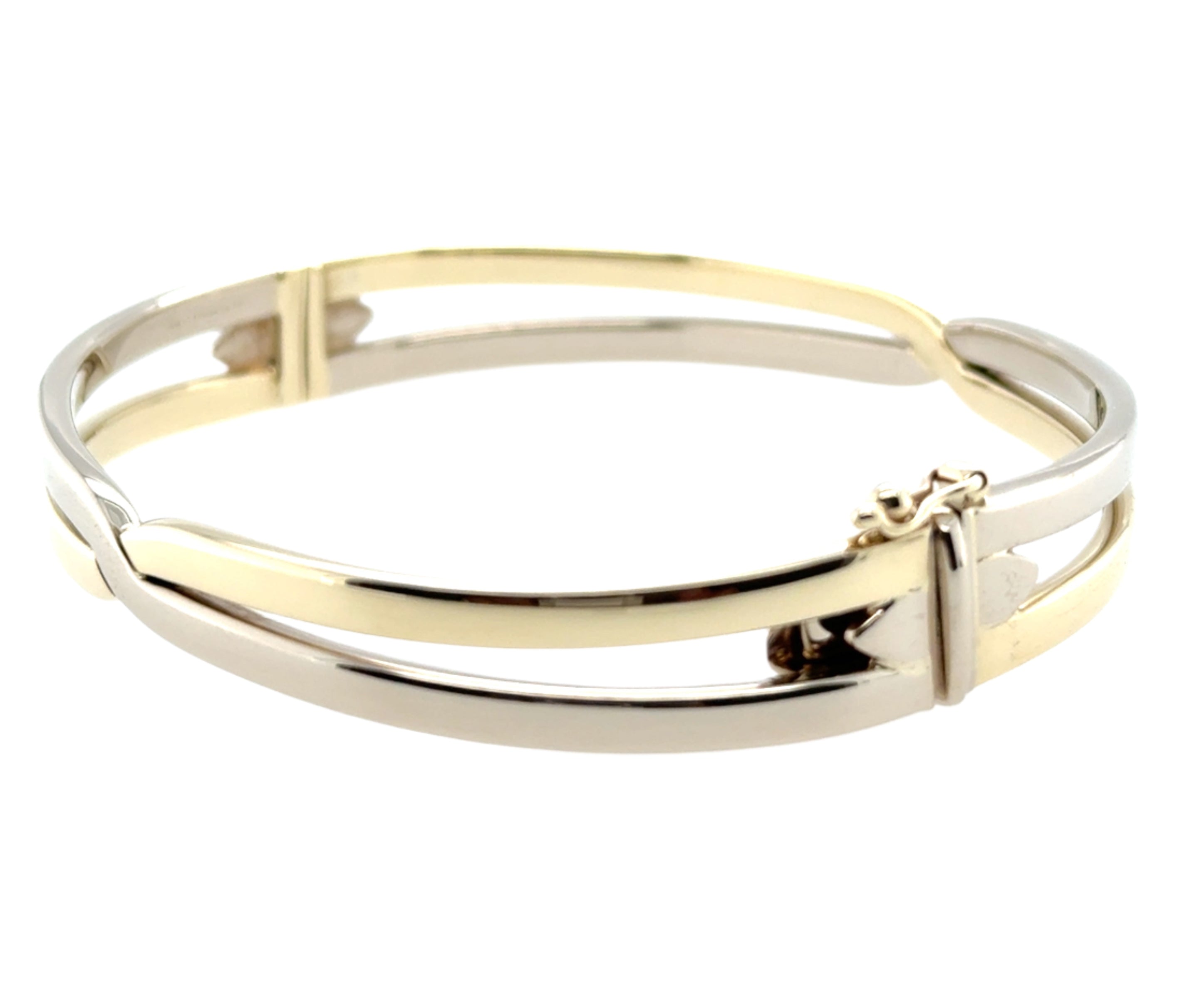 9ct Yellow & White Gold Crossover Hinged Bangle - 13.02g