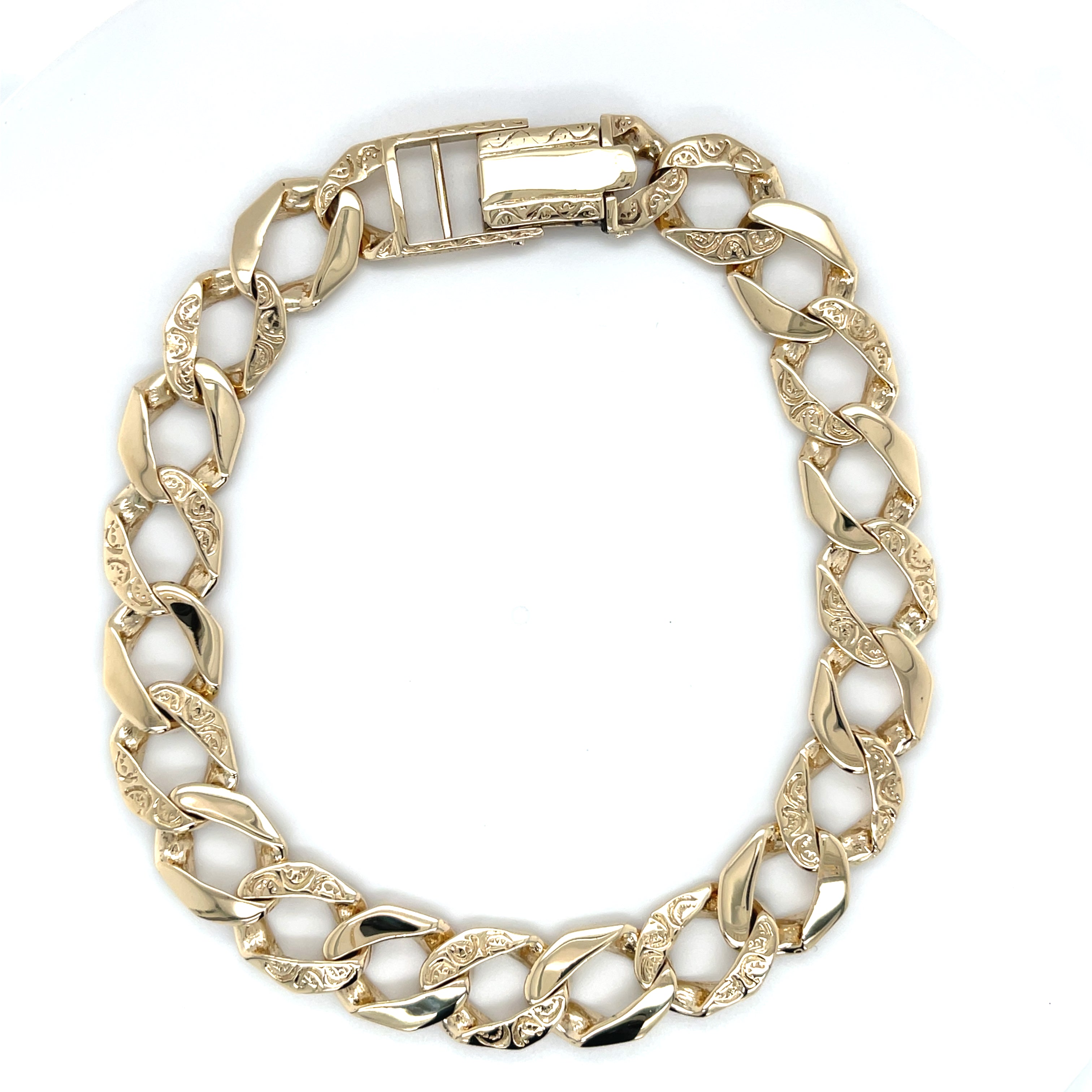 9ct Yellow Gold 10 Inch Plain & Pattern Curb Link Bracelet - 33.68g