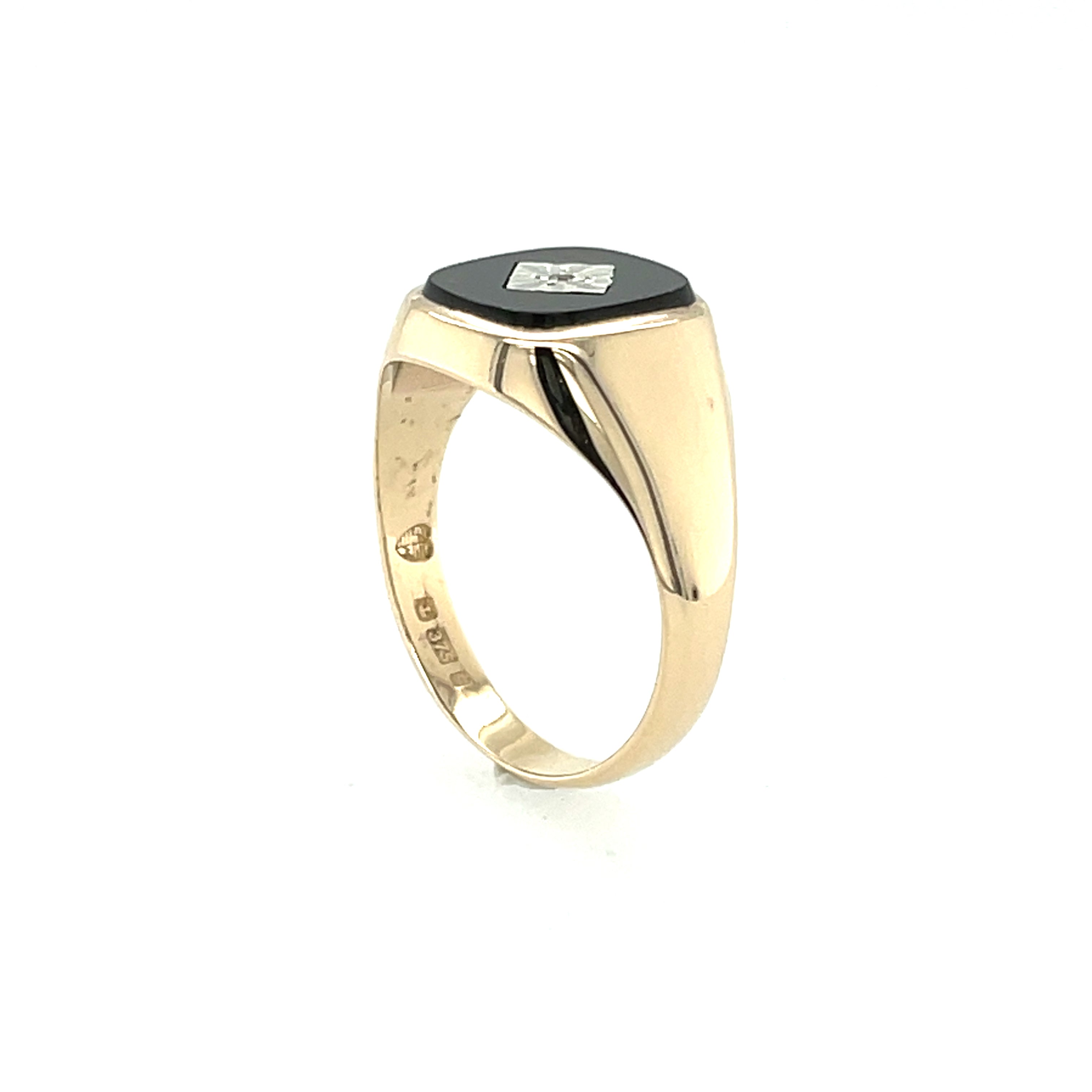 9ct Yellow Gold Vintage Diamond Set Black Onyx Signet Ring Size V SOLD